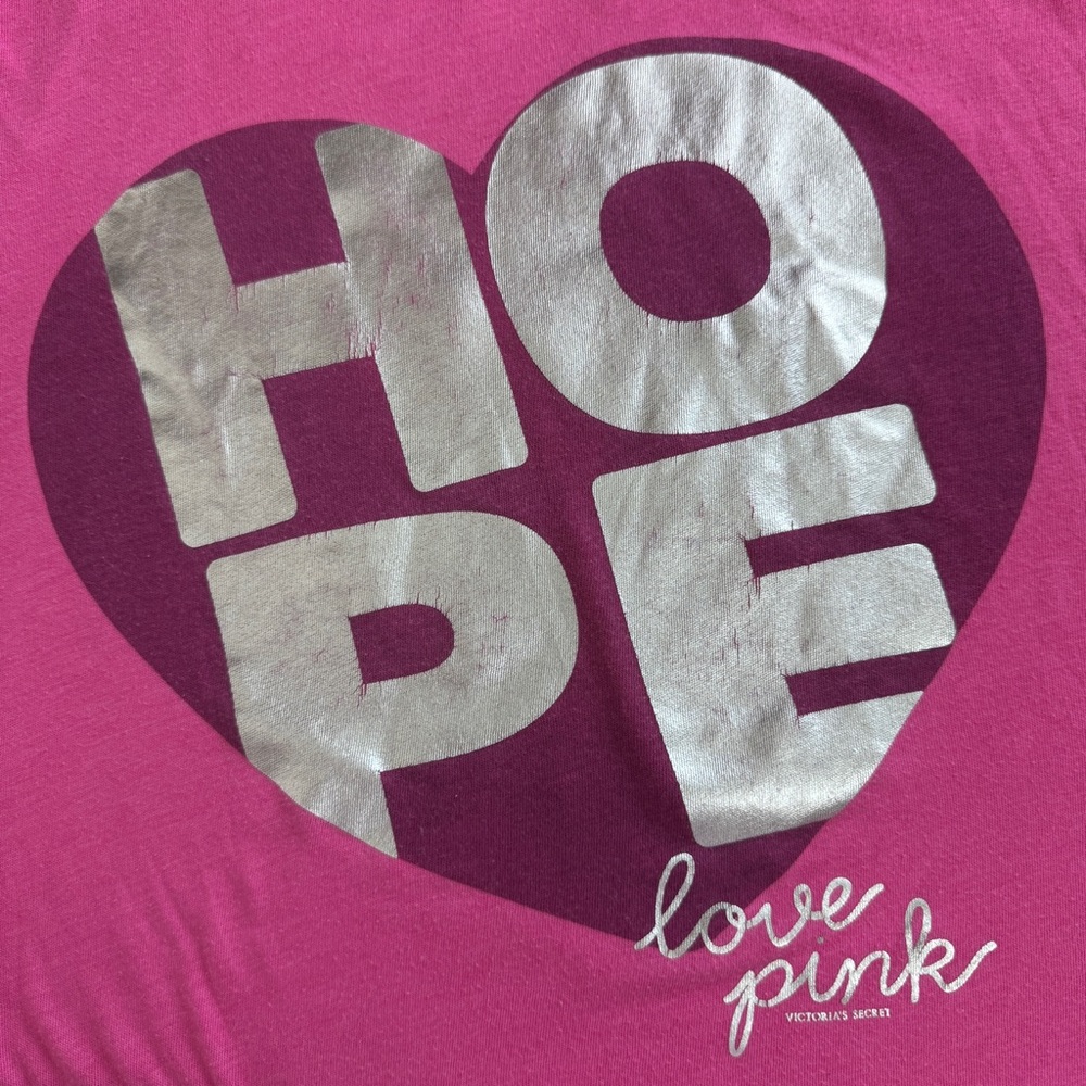 Y2K Victorias Secret PINK Cap Sleeve T-Shirt Size M Dark Pink Hope Love 2009. - Picture 9 of 12